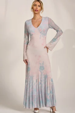 Jolie Moi Occasion Dresses|Wedding Guest-Long Sleeve Godet Mesh Maxi Dress, Blue Multi