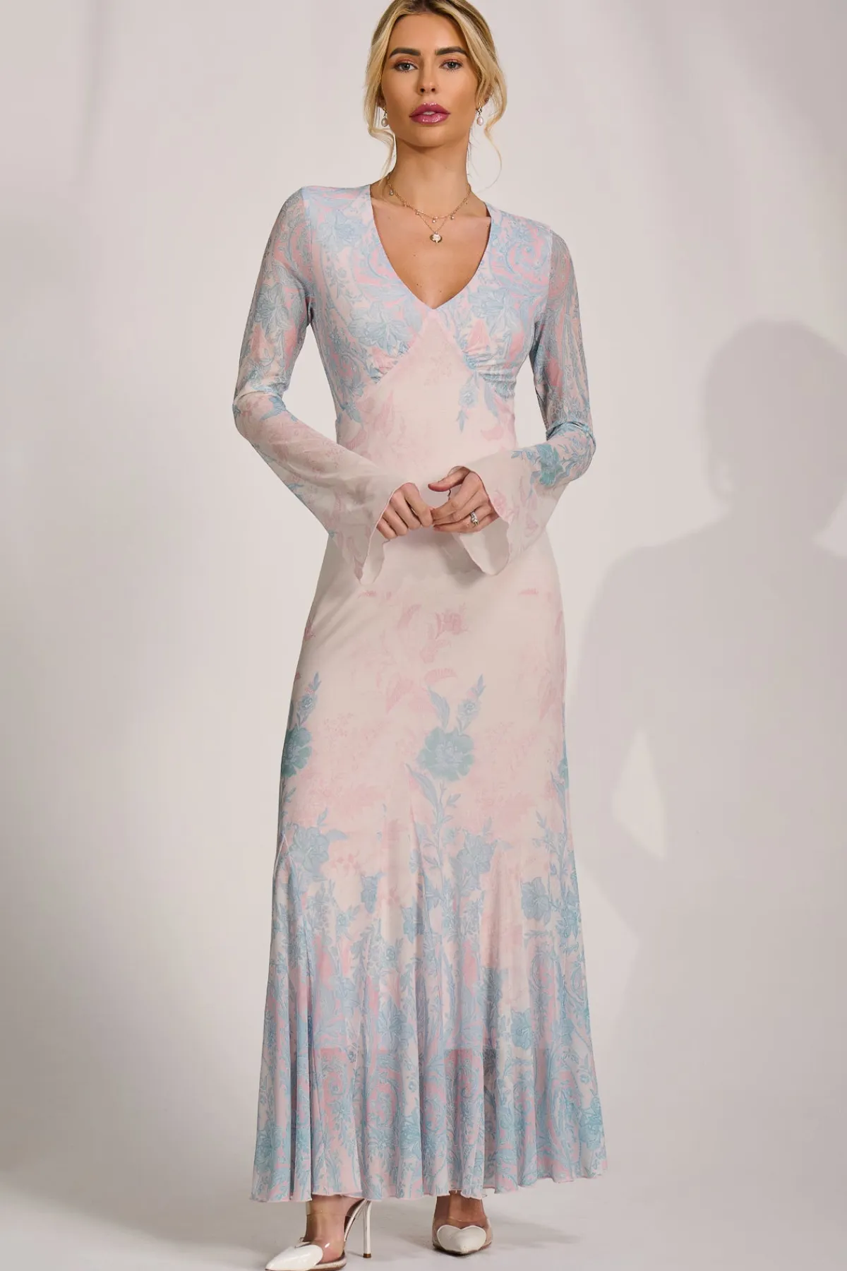 Jolie Moi Occasion Dresses|Wedding Guest-Long Sleeve Godet Mesh Maxi Dress, Blue Multi