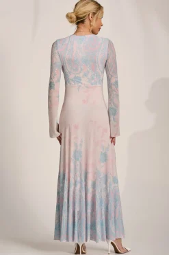 Jolie Moi Occasion Dresses|Wedding Guest-Long Sleeve Godet Mesh Maxi Dress, Blue Multi