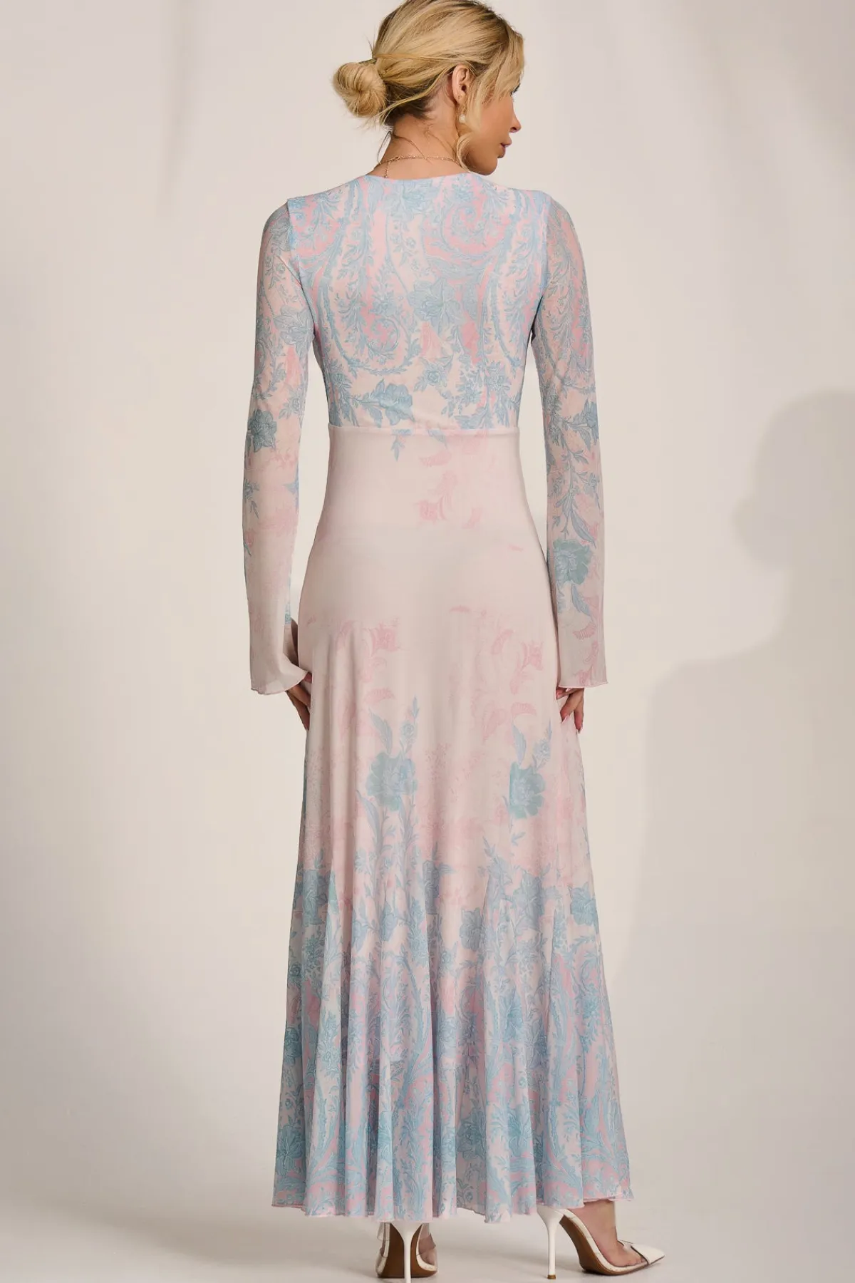 Jolie Moi Occasion Dresses|Wedding Guest-Long Sleeve Godet Mesh Maxi Dress, Blue Multi