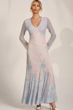 Jolie Moi Occasion Dresses|Wedding Guest-Long Sleeve Godet Mesh Maxi Dress, Blue Multi