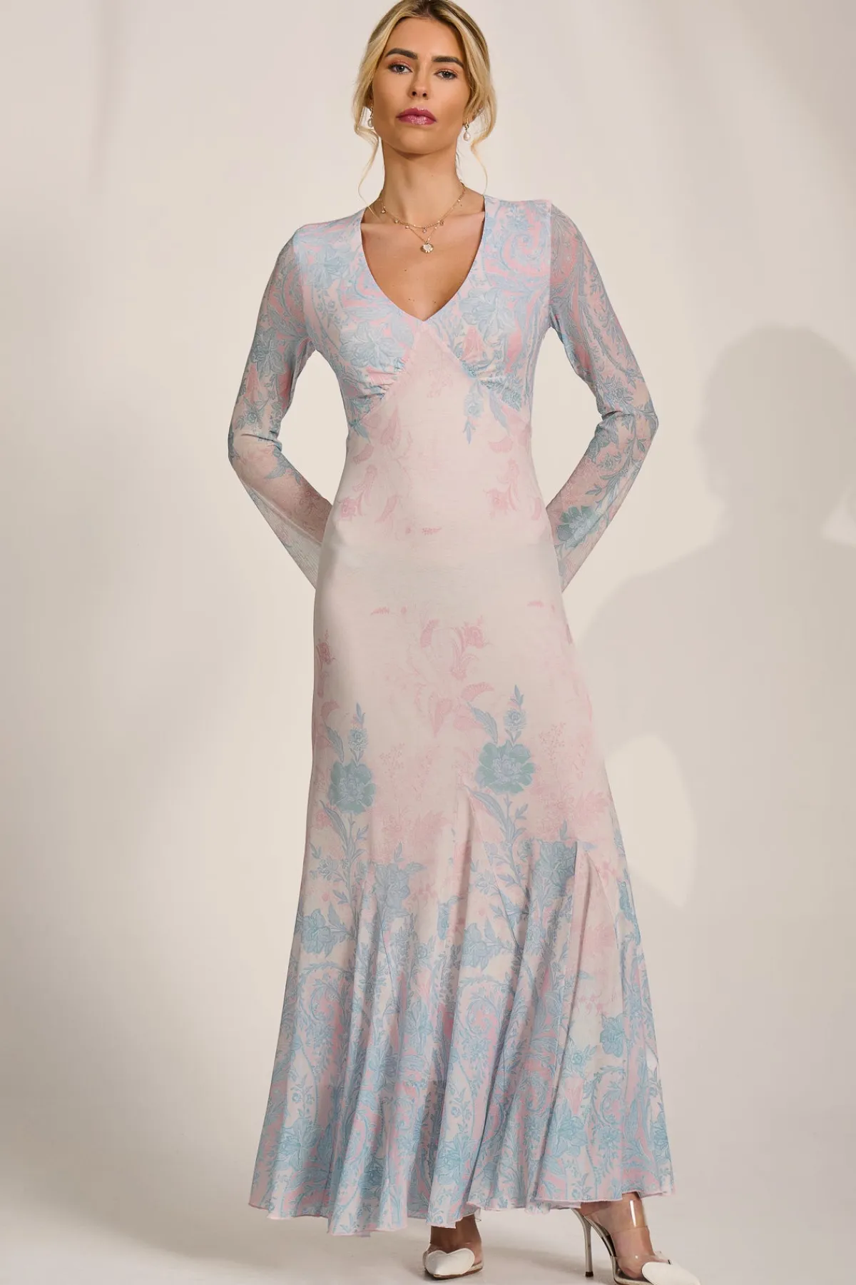 Jolie Moi Occasion Dresses|Wedding Guest-Long Sleeve Godet Mesh Maxi Dress, Blue Multi