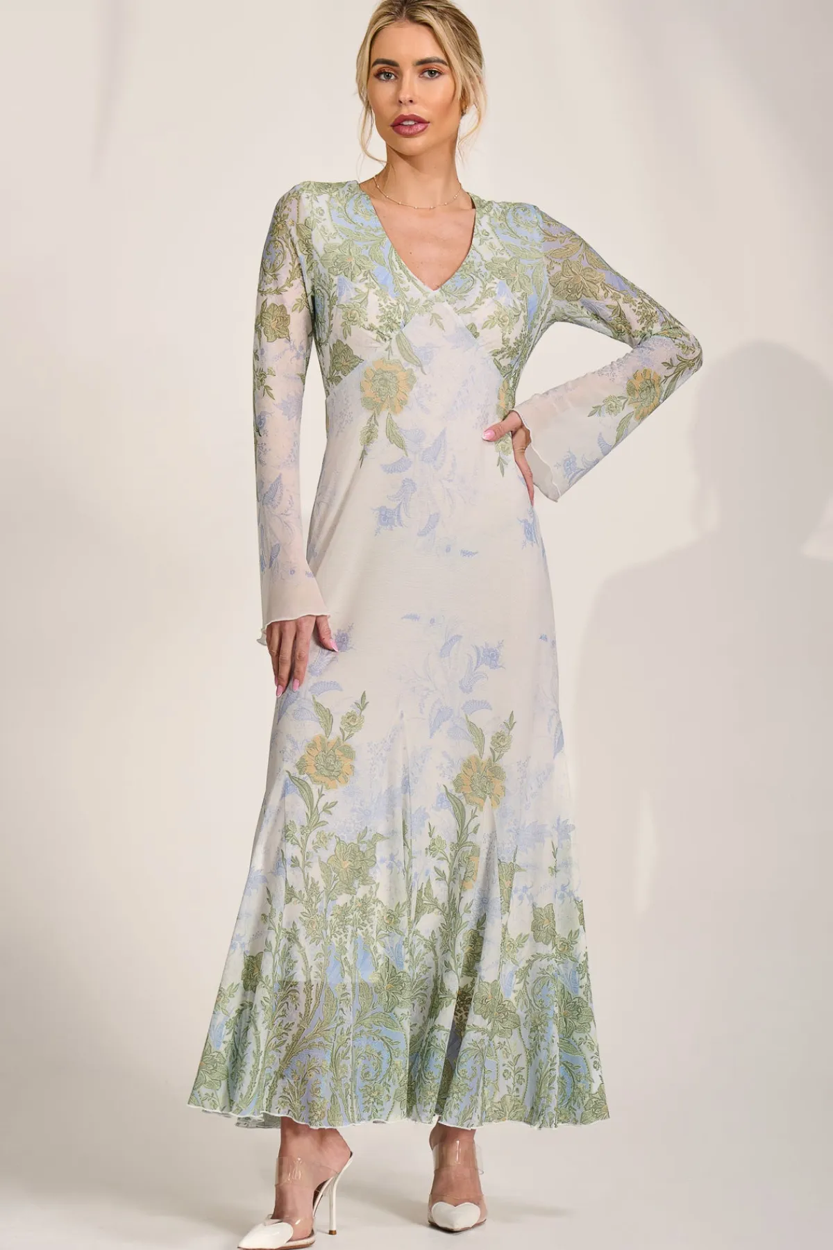 Jolie Moi Occasion Dresses|Wedding Guest-Long Sleeve Godet Mesh Maxi Dress, Green Multi