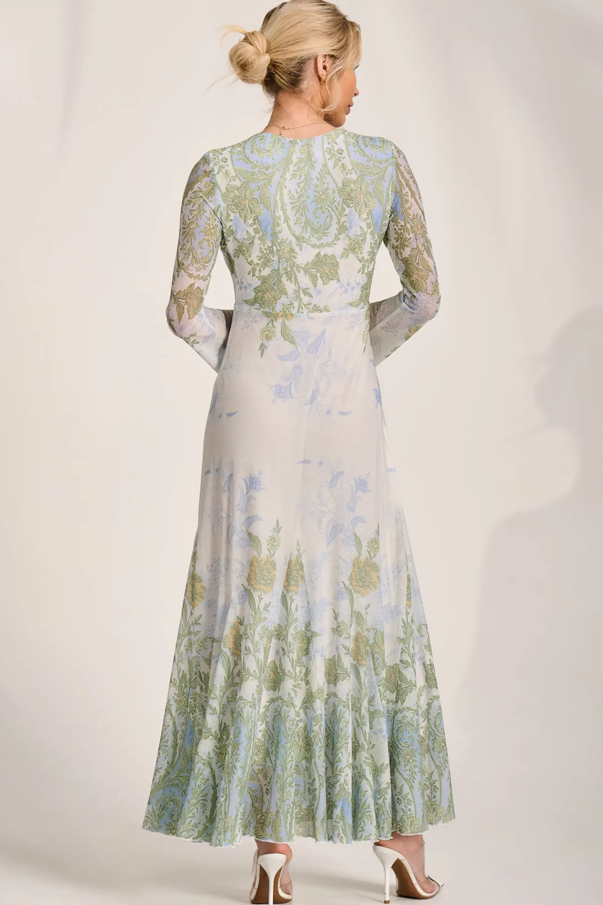 Jolie Moi Occasion Dresses|Wedding Guest-Long Sleeve Godet Mesh Maxi Dress, Green Multi