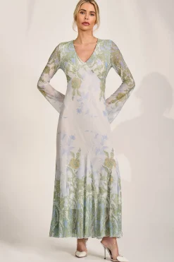 Jolie Moi Occasion Dresses|Wedding Guest-Long Sleeve Godet Mesh Maxi Dress, Green Multi