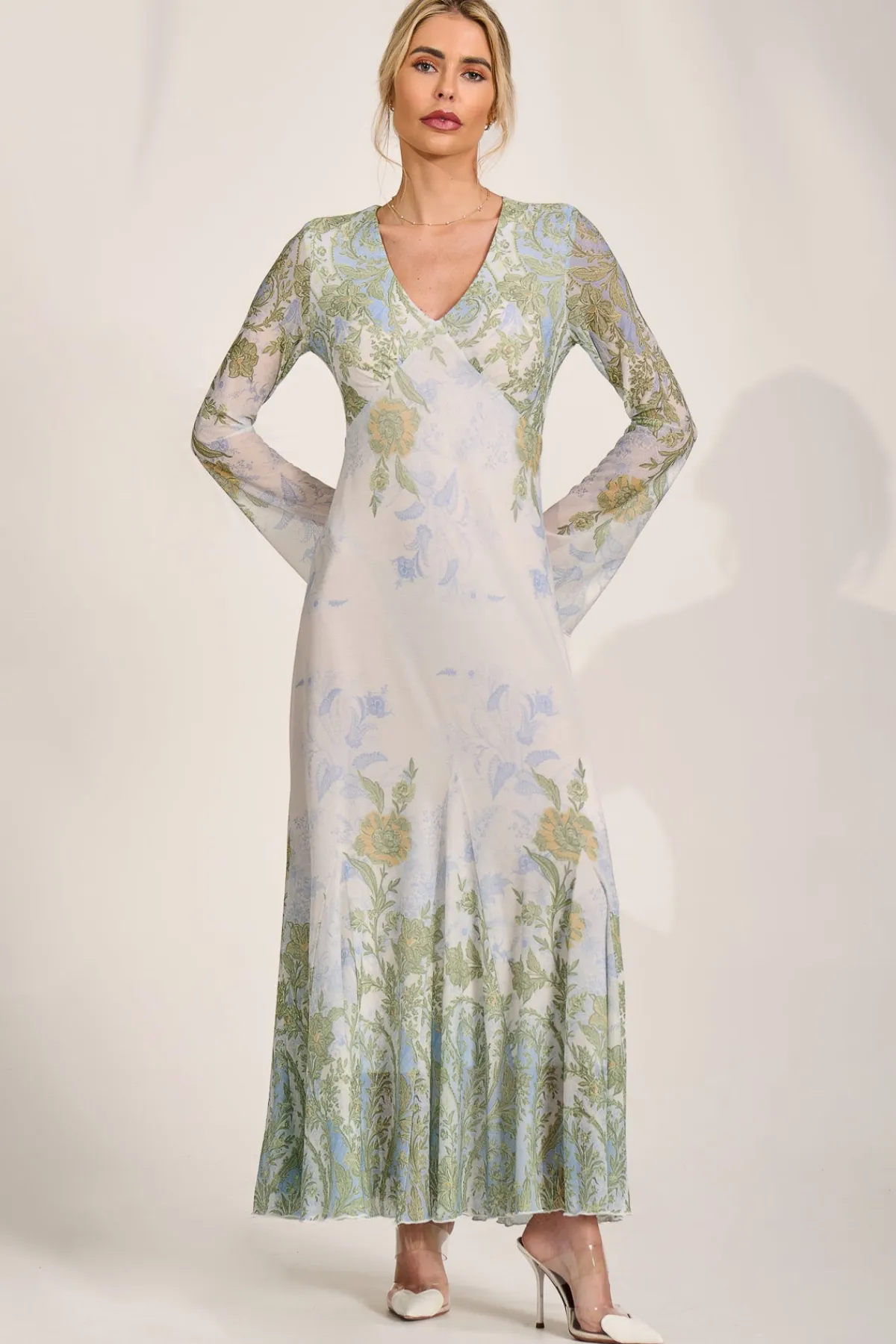 Jolie Moi Occasion Dresses|Wedding Guest-Long Sleeve Godet Mesh Maxi Dress, Green Multi