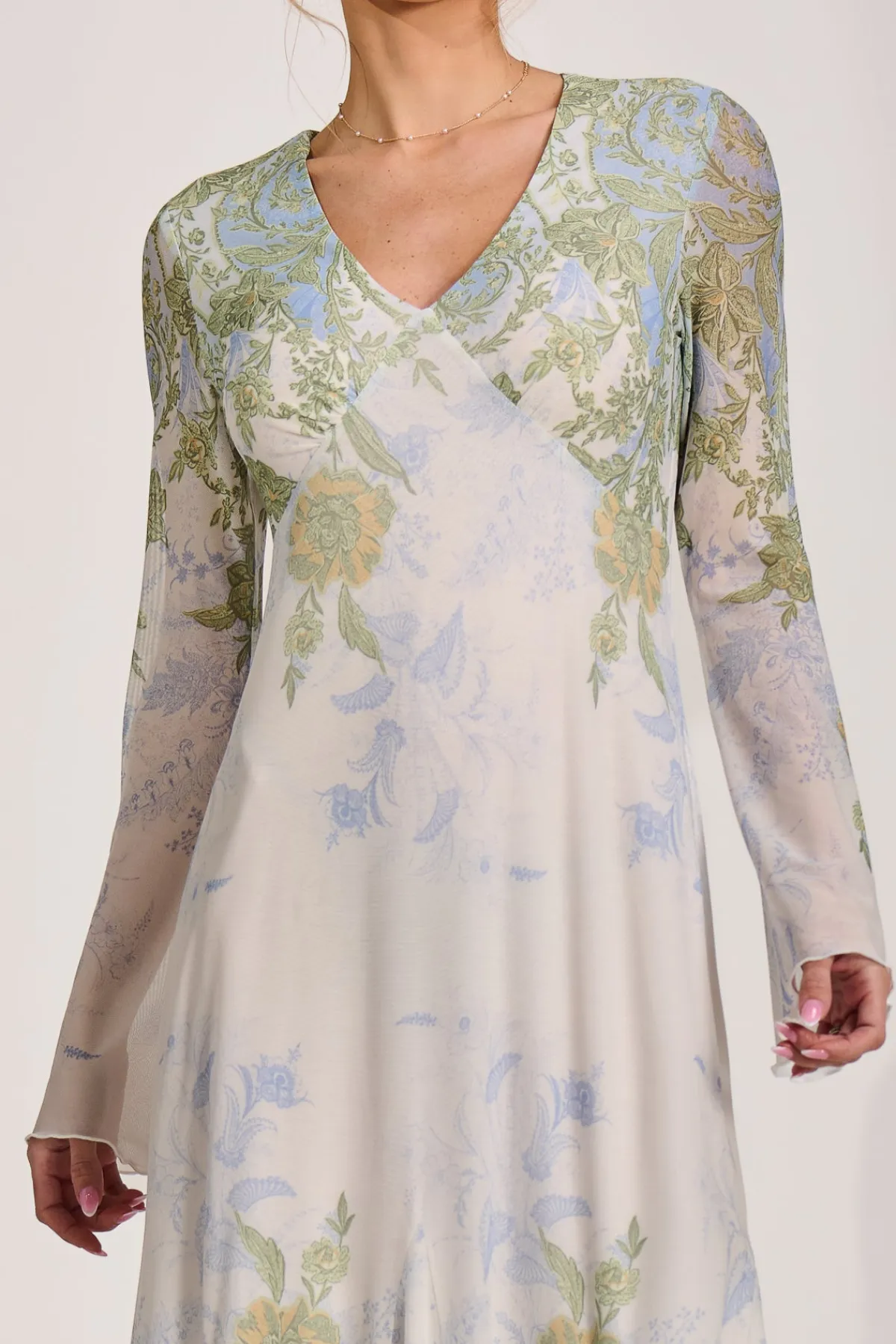 Jolie Moi Occasion Dresses|Wedding Guest-Long Sleeve Godet Mesh Maxi Dress, Green Multi