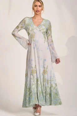 Jolie Moi Occasion Dresses|Wedding Guest-Long Sleeve Godet Mesh Maxi Dress, Green Multi
