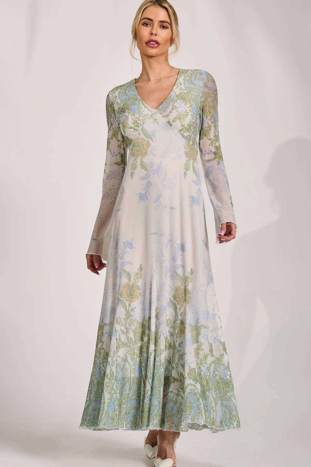 Jolie Moi Occasion Dresses|Wedding Guest-Long Sleeve Godet Mesh Maxi Dress, Green Multi