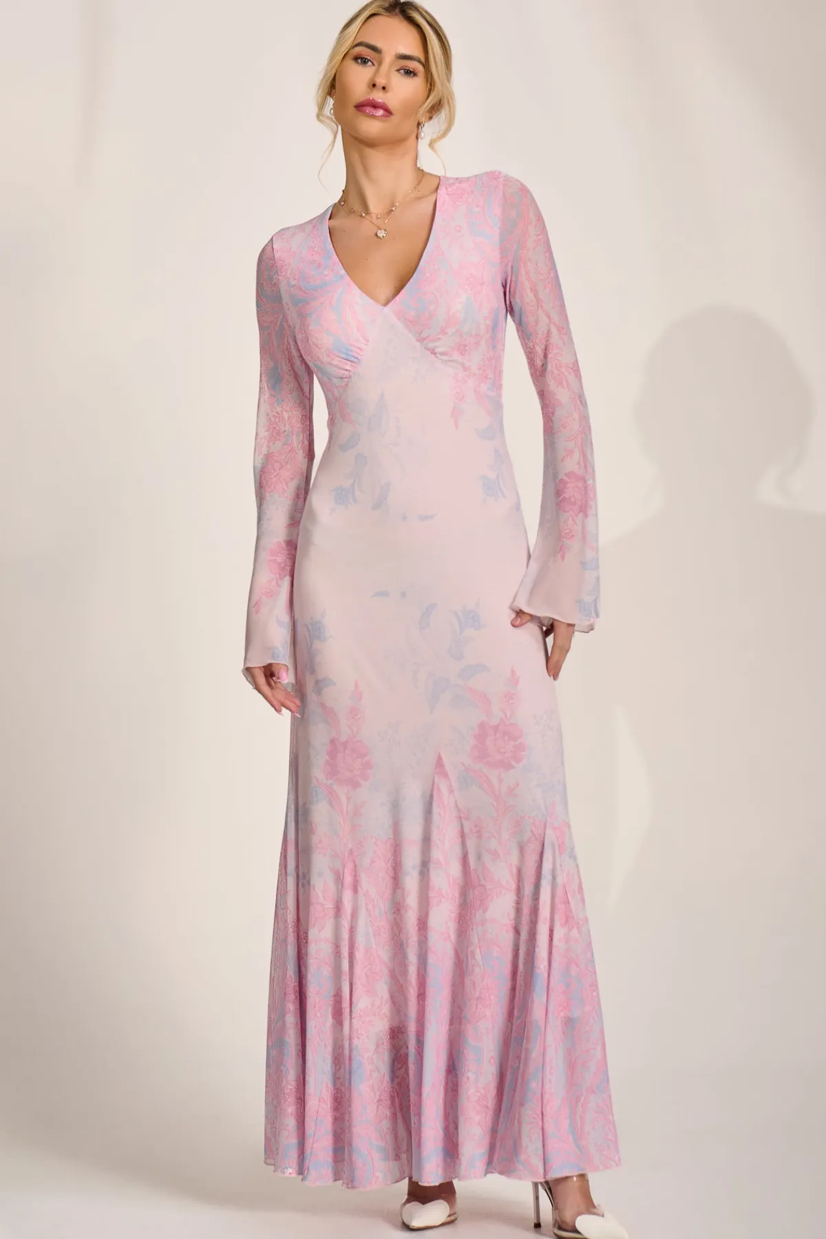 Jolie Moi Occasion Dresses|Wedding Guest-Long Sleeve Godet Mesh Maxi Dress, Pink Multi