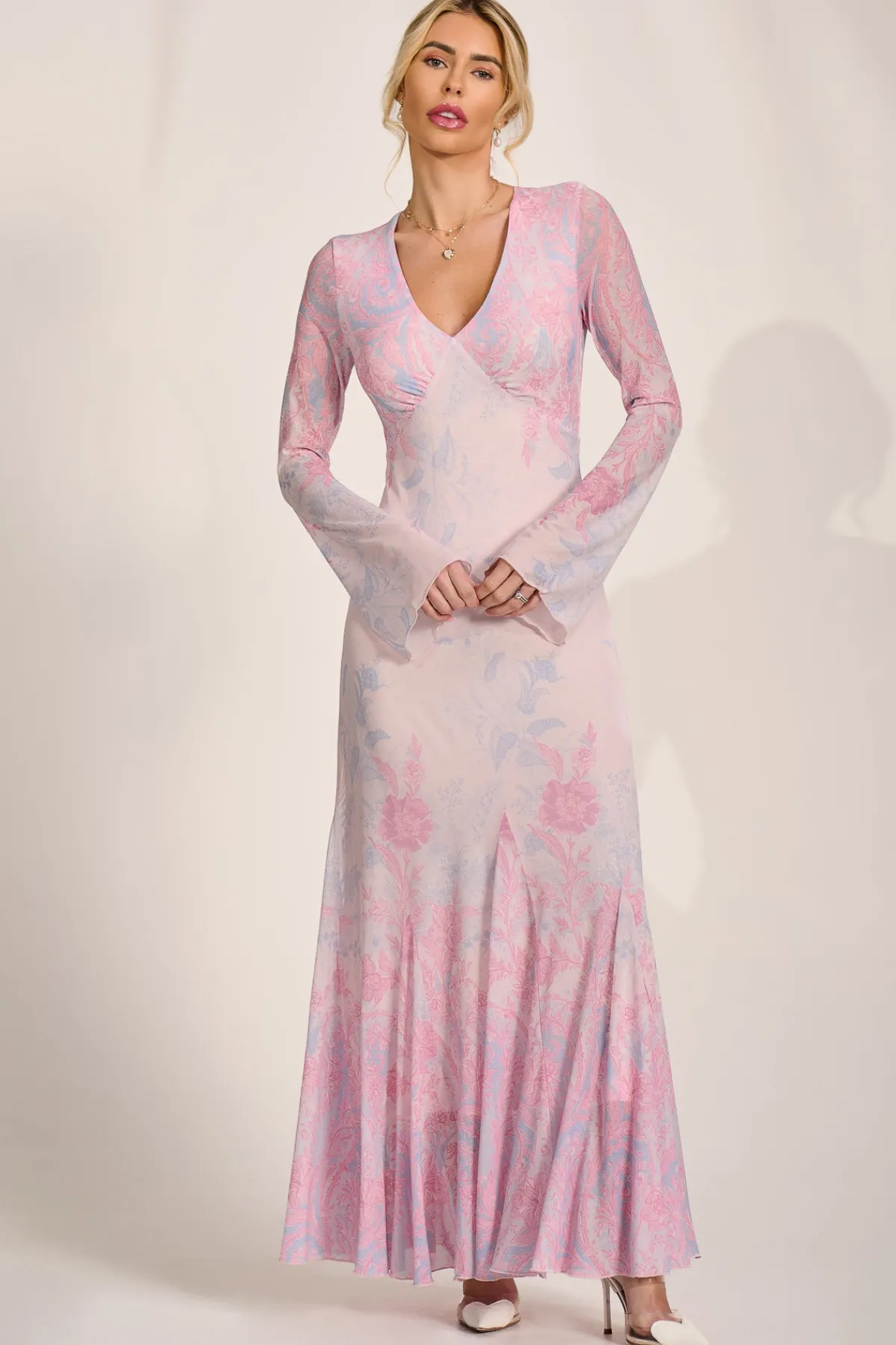 Jolie Moi Occasion Dresses|Wedding Guest-Long Sleeve Godet Mesh Maxi Dress, Pink Multi