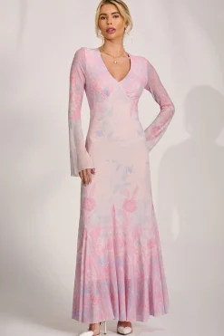 Jolie Moi Occasion Dresses|Wedding Guest-Long Sleeve Godet Mesh Maxi Dress, Pink Multi