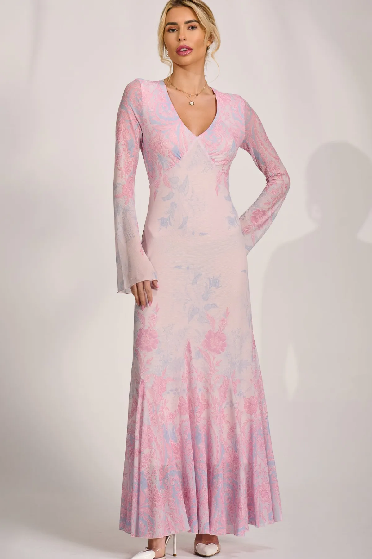 Jolie Moi Occasion Dresses|Wedding Guest-Long Sleeve Godet Mesh Maxi Dress, Pink Multi