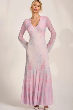 Jolie Moi Occasion Dresses|Wedding Guest-Long Sleeve Godet Mesh Maxi Dress, Pink Multi