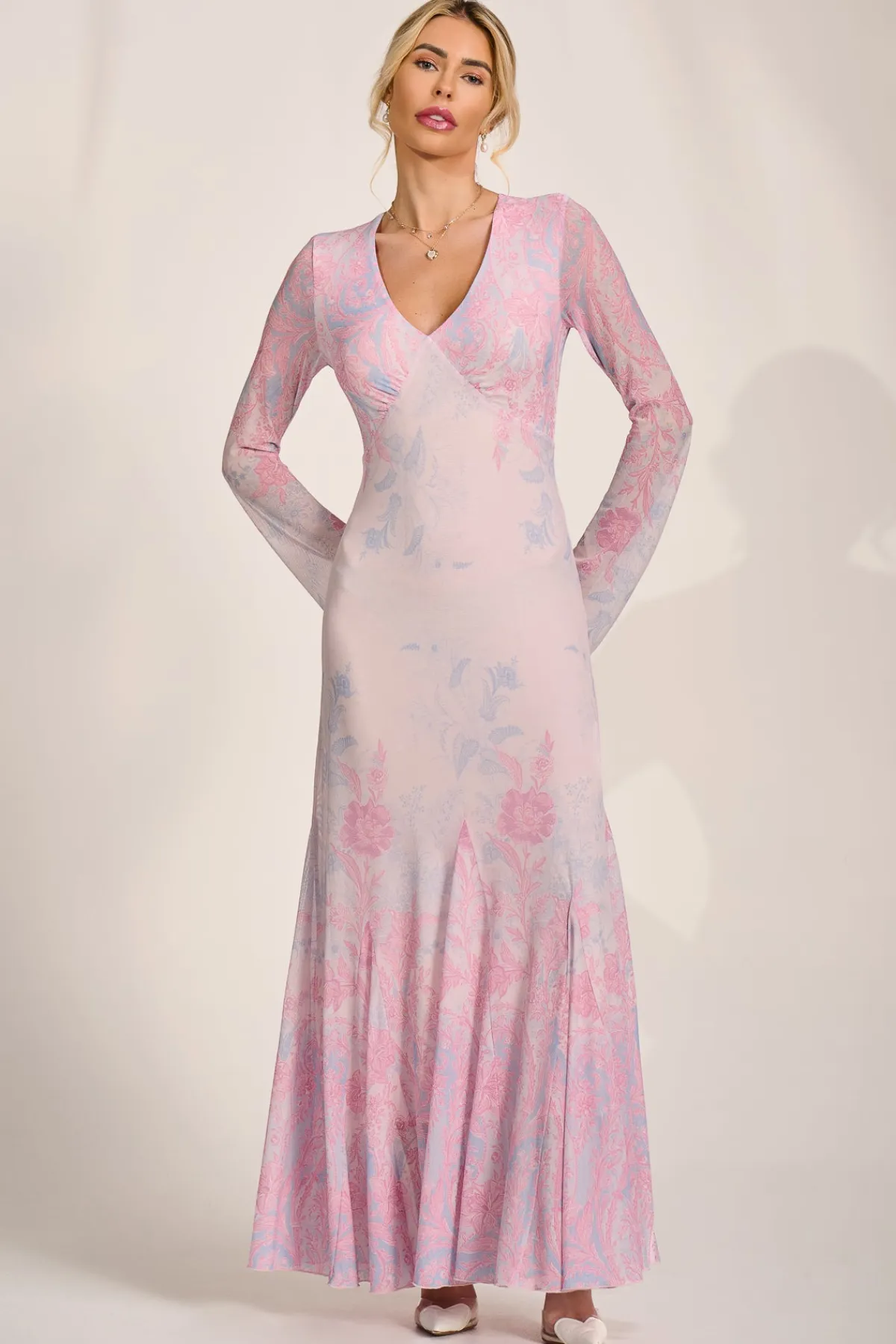 Jolie Moi Occasion Dresses|Wedding Guest-Long Sleeve Godet Mesh Maxi Dress, Pink Multi
