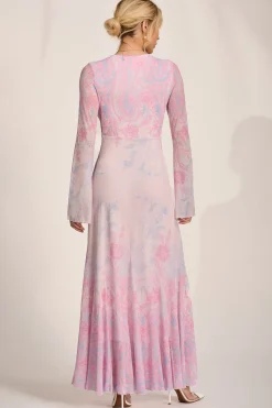 Jolie Moi Occasion Dresses|Wedding Guest-Long Sleeve Godet Mesh Maxi Dress, Pink Multi