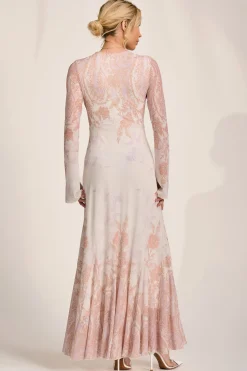 Jolie Moi Occasion Dresses|Wedding Guest-Long Sleeve Godet Mesh Maxi Dress, Taupe Multi