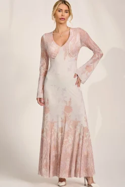 Jolie Moi Occasion Dresses|Wedding Guest-Long Sleeve Godet Mesh Maxi Dress, Taupe Multi