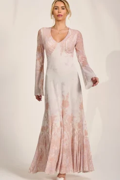 Jolie Moi Occasion Dresses|Wedding Guest-Long Sleeve Godet Mesh Maxi Dress, Taupe Multi