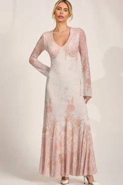 Jolie Moi Occasion Dresses|Wedding Guest-Long Sleeve Godet Mesh Maxi Dress, Taupe Multi
