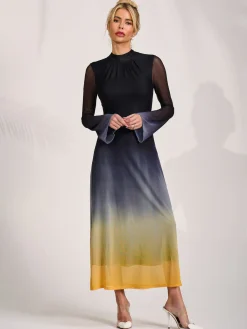 Jolie Moi Occasion Dresses|Mesh Dresses-Long Sleeve High Neck Mesh Dress, Yellow Multi