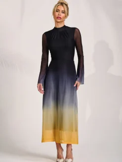 Jolie Moi Occasion Dresses|Mesh Dresses-Long Sleeve High Neck Mesh Dress, Yellow Multi