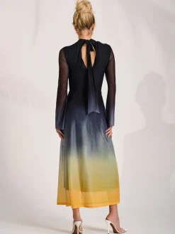 Jolie Moi Occasion Dresses|Mesh Dresses-Long Sleeve High Neck Mesh Dress, Yellow Multi