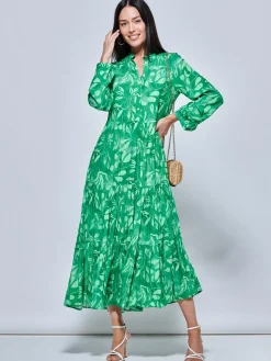 Jolie Moi Occasion Dresses|Shirt Dresses-ong eeve Hoiday axi hirt Dre, Green Abstract