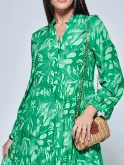 Jolie Moi Occasion Dresses|Shirt Dresses-ong eeve Hoiday axi hirt Dre, Green Abstract