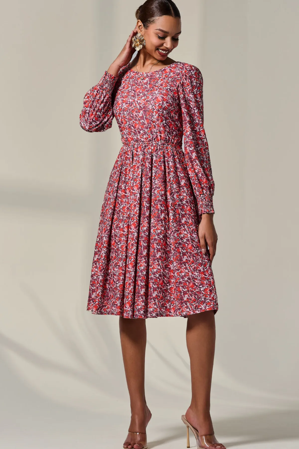 Jolie Moi Occasion Dresses|Jersey Dresses-Long Sleeve Jersey Midi Dress, Orange Abstract