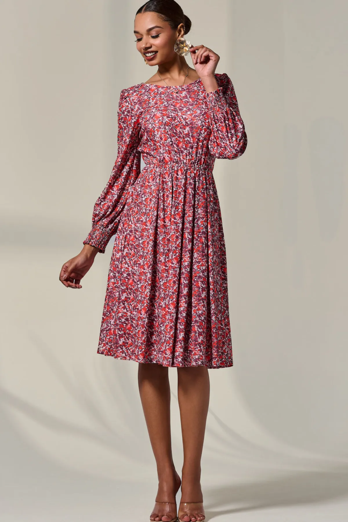 Jolie Moi Occasion Dresses|Jersey Dresses-Long Sleeve Jersey Midi Dress, Orange Abstract