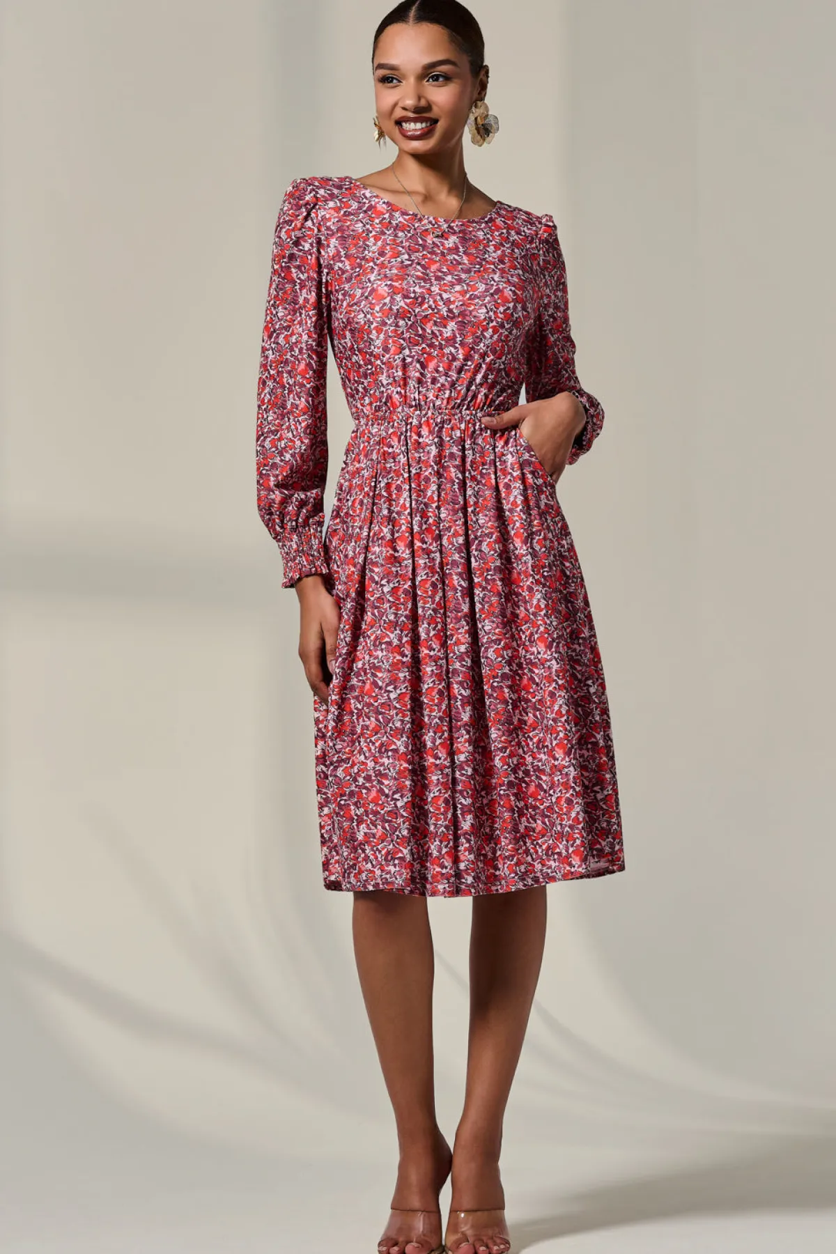Jolie Moi Occasion Dresses|Jersey Dresses-Long Sleeve Jersey Midi Dress, Orange Abstract