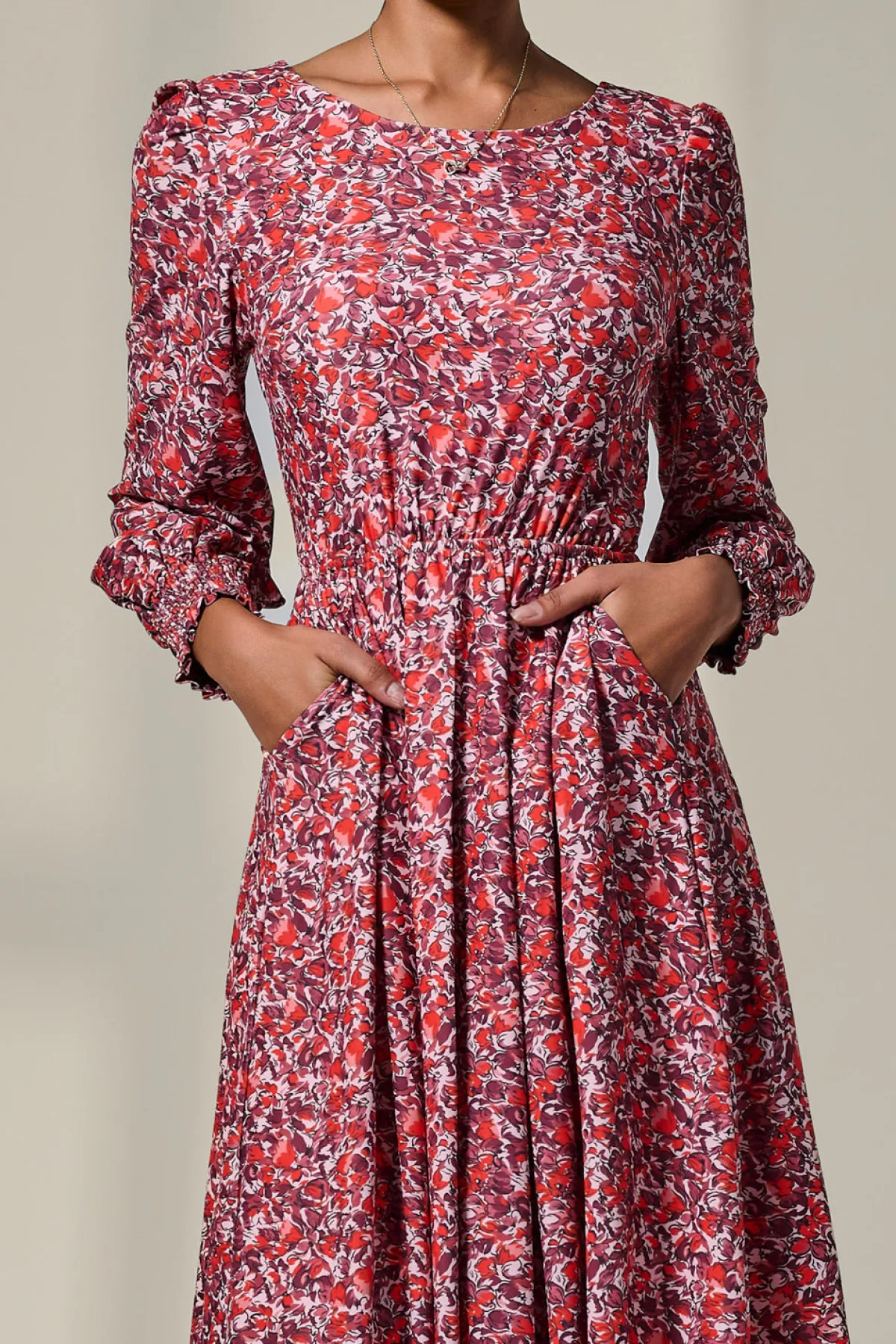 Jolie Moi Occasion Dresses|Jersey Dresses-Long Sleeve Jersey Midi Dress, Orange Abstract