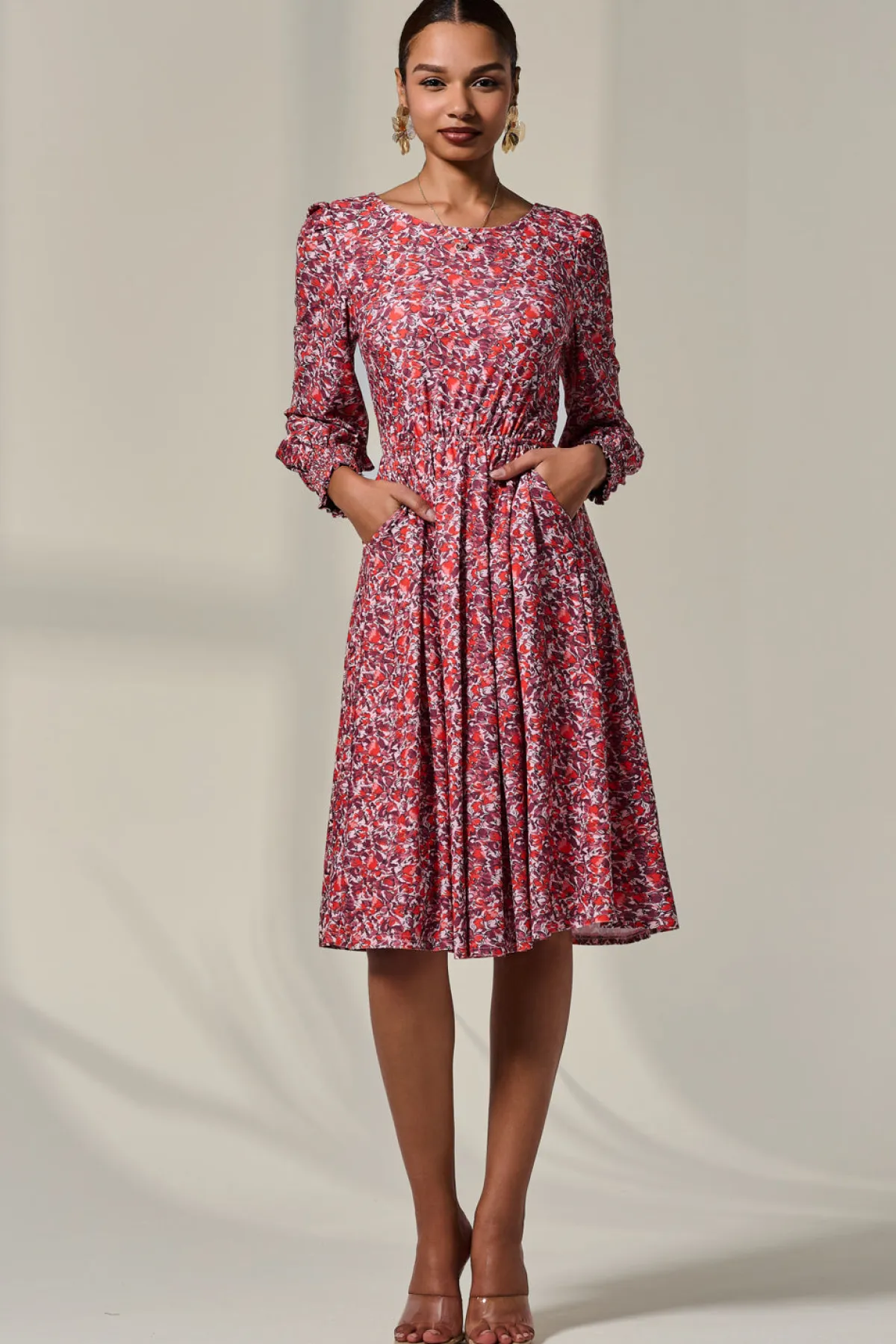 Jolie Moi Occasion Dresses|Jersey Dresses-Long Sleeve Jersey Midi Dress, Orange Abstract