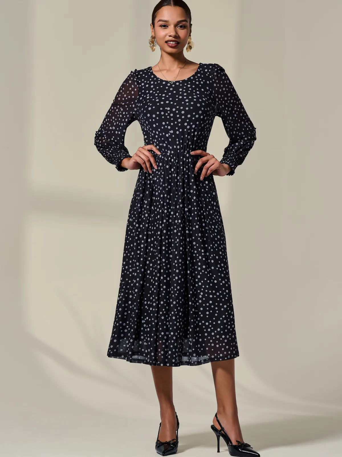 Jolie Moi Occasion Dresses|Mesh Dresses-Long Sleeve Mesh Midi Dress, Black
