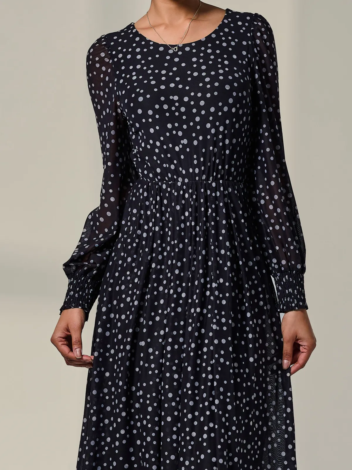 Jolie Moi Occasion Dresses|Mesh Dresses-Long Sleeve Mesh Midi Dress, Black Polka