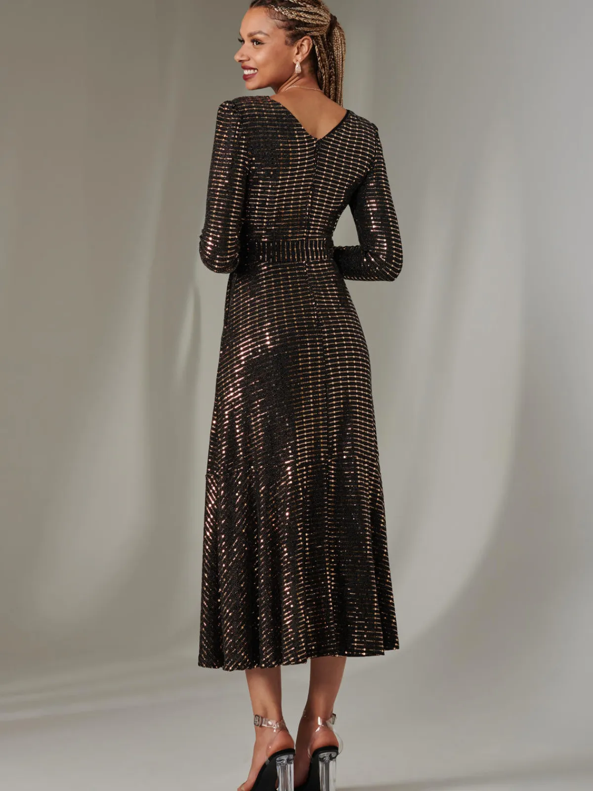 Jolie Moi Occasion Dresses|Wrap Dresses-Long Sleeve Metallic Spot Maxi Dress, Black Rose Gold