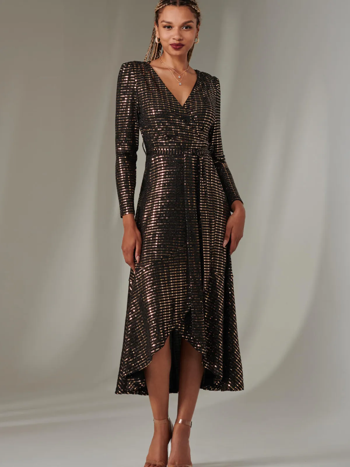 Jolie Moi Occasion Dresses|Wrap Dresses-Long Sleeve Metallic Spot Maxi Dress, Black Rose Gold
