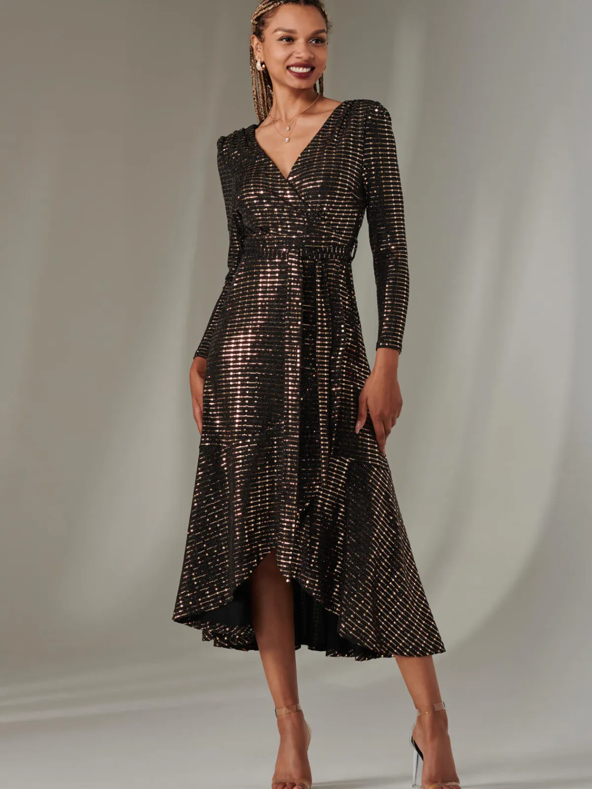 Jolie Moi Occasion Dresses|Wrap Dresses-Long Sleeve Metallic Spot Maxi Dress, Black Rose Gold