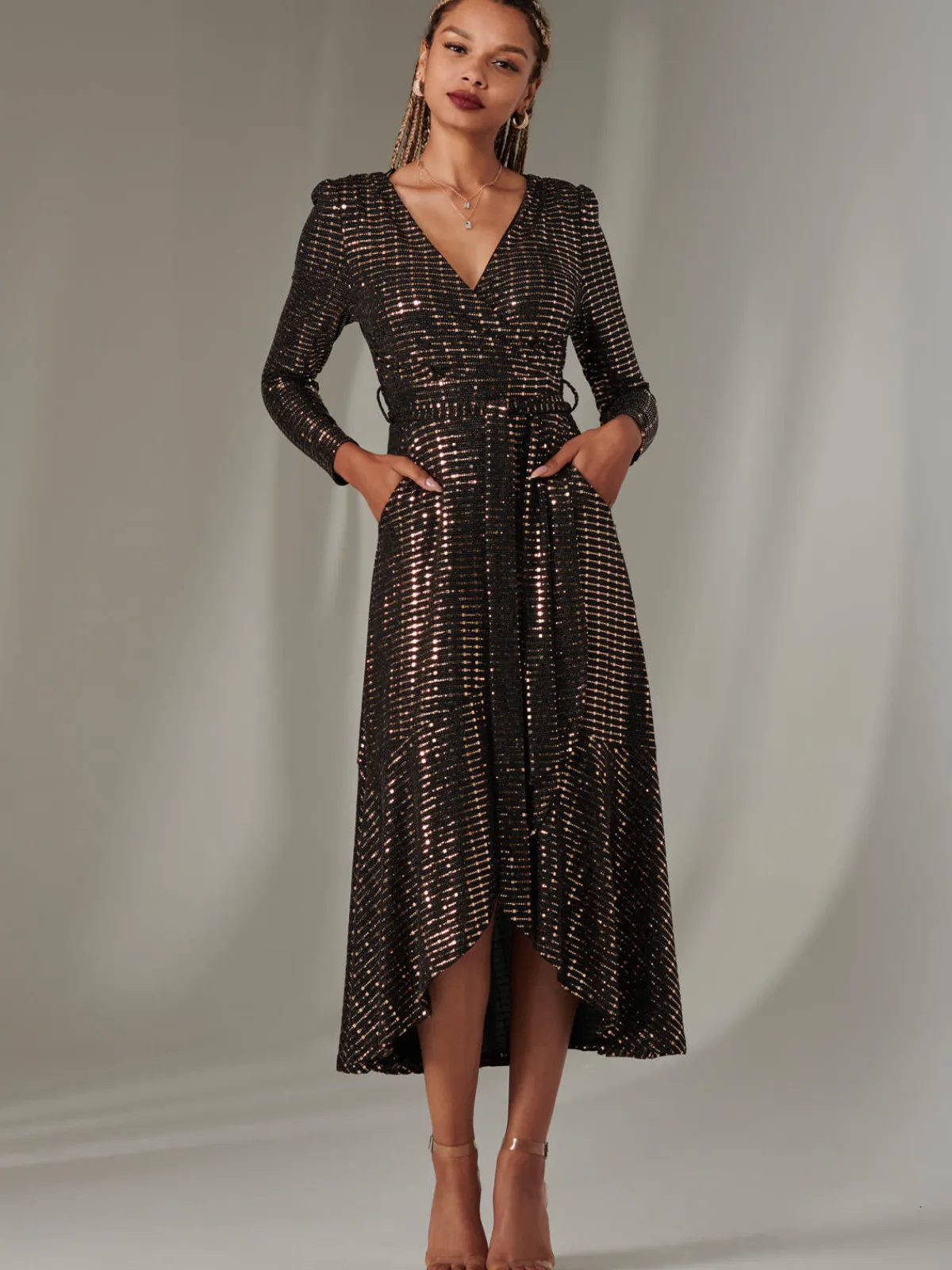 Jolie Moi Occasion Dresses|Wrap Dresses-Long Sleeve Metallic Spot Maxi Dress, Black Rose Gold