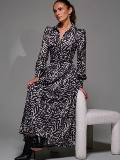 Jolie Moi Occasion Dresses|Jersey Dresses-Long Sleeve Pleated Jersey Maxi Dress, Black Multi