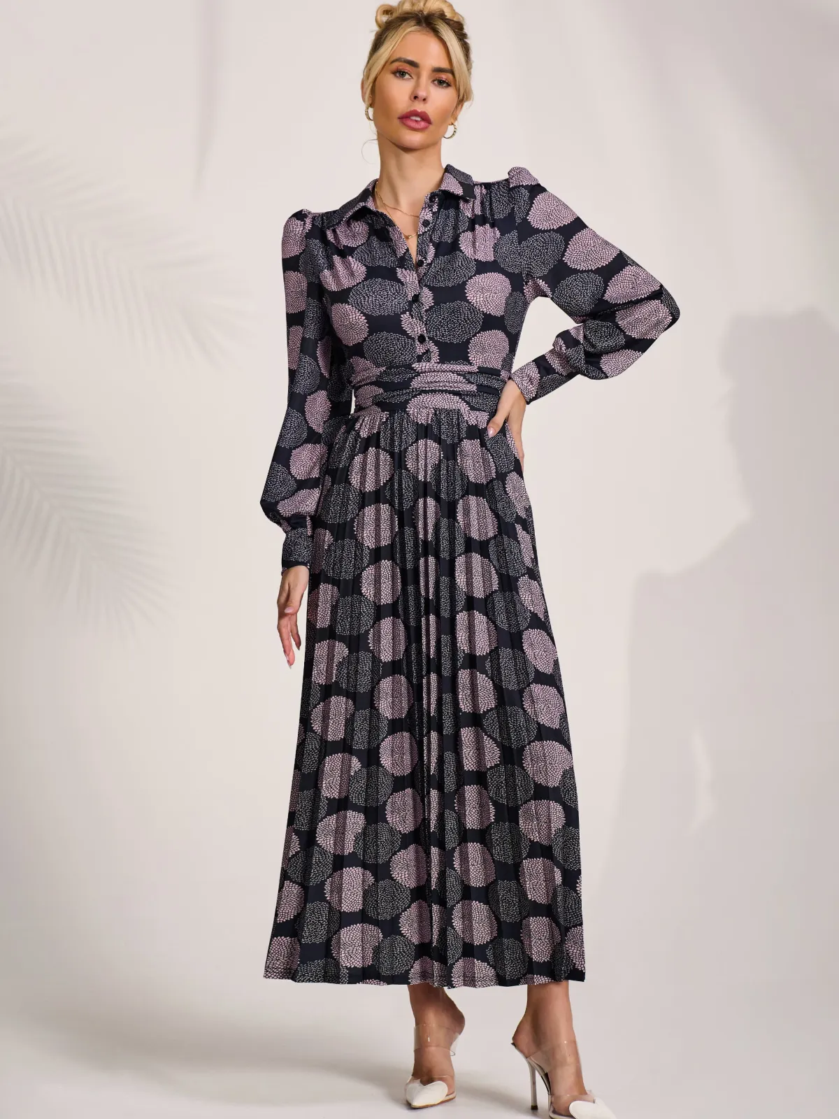 Jolie Moi Occasion Dresses|Jersey Dresses-Long Sleeve Pleated Jersey Maxi Dress, Purple Multi