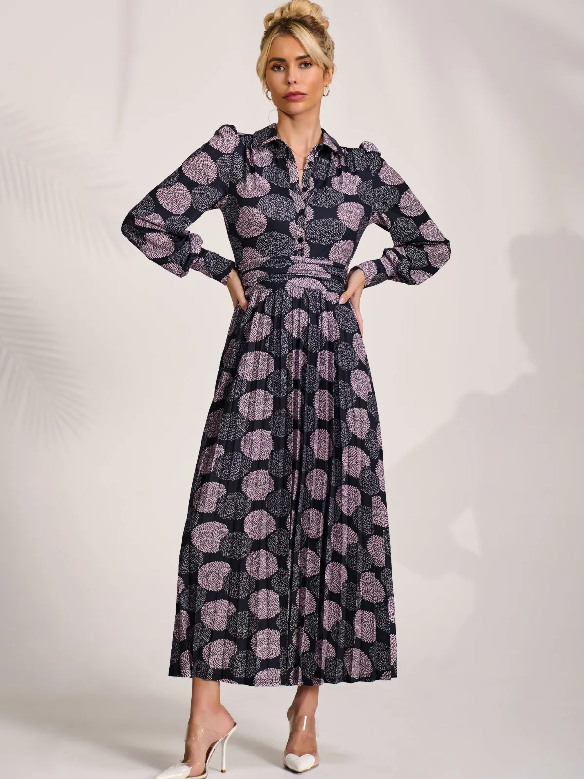 Jolie Moi Occasion Dresses|Jersey Dresses-Long Sleeve Pleated Jersey Maxi Dress, Purple Multi