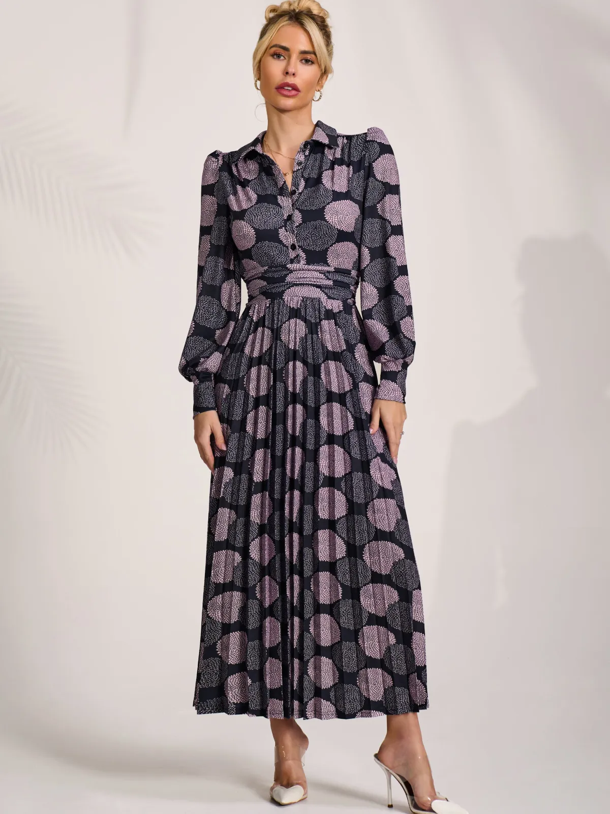 Jolie Moi Occasion Dresses|Jersey Dresses-Long Sleeve Pleated Jersey Maxi Dress, Purple Multi