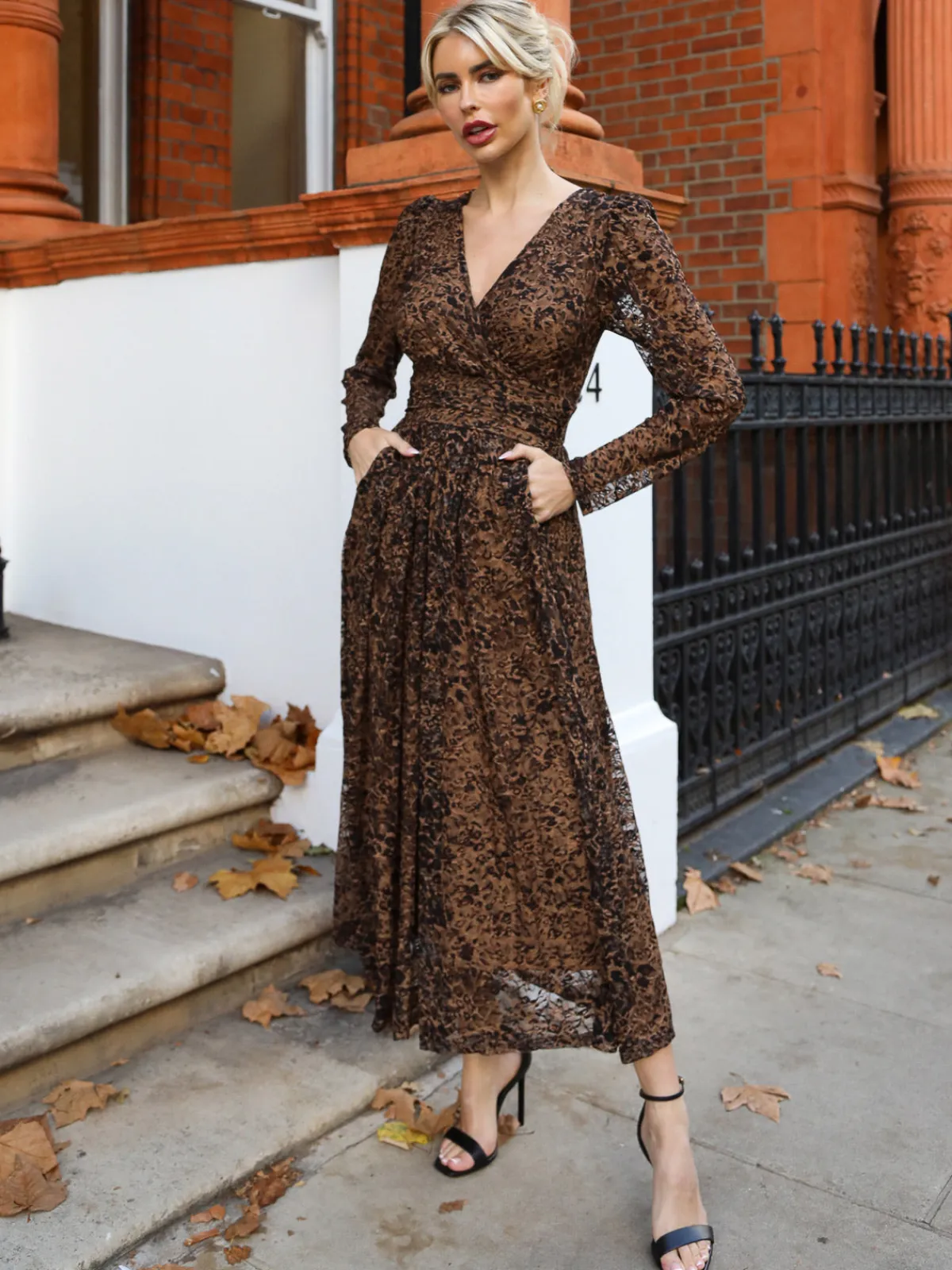 Jolie Moi Occasion Dresses|Signature Lace-Long Sleeve Pleated Lace Maxi Dress, Brown Animal
