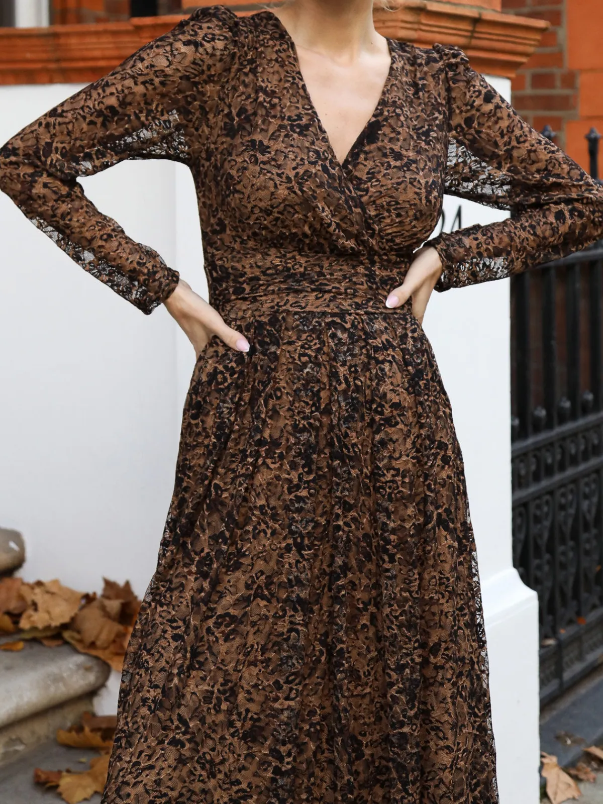 Jolie Moi Occasion Dresses|Signature Lace-Long Sleeve Pleated Lace Maxi Dress, Brown Animal
