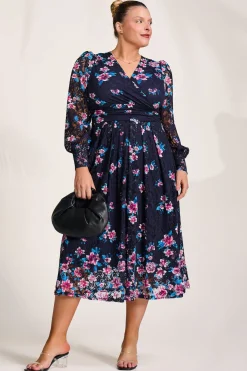 Jolie Moi Occasion Dresses|Floral Dresses-Long Sleeve Printed Lace Maxi Dress, Navy Pink Floral