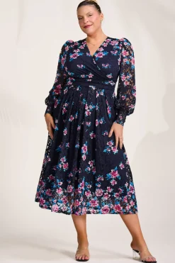 Jolie Moi Occasion Dresses|Floral Dresses-Long Sleeve Printed Lace Maxi Dress, Navy Pink Floral