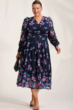 Jolie Moi Occasion Dresses|Floral Dresses-Long Sleeve Printed Lace Maxi Dress, Navy Pink Floral