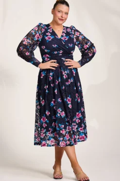 Jolie Moi Occasion Dresses|Floral Dresses-Long Sleeve Printed Lace Maxi Dress, Navy Pink Floral